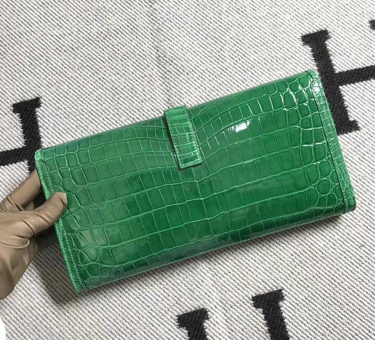 Stock Wholesale Hermes Shiny Crocodile Jige Wallet Clutch Bag in Vert Cacti