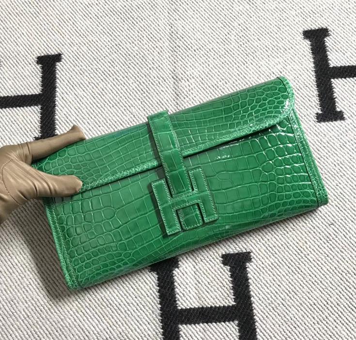 Stock Wholesale Hermes Shiny Crocodile Jige Wallet Clutch Bag in Vert Cacti