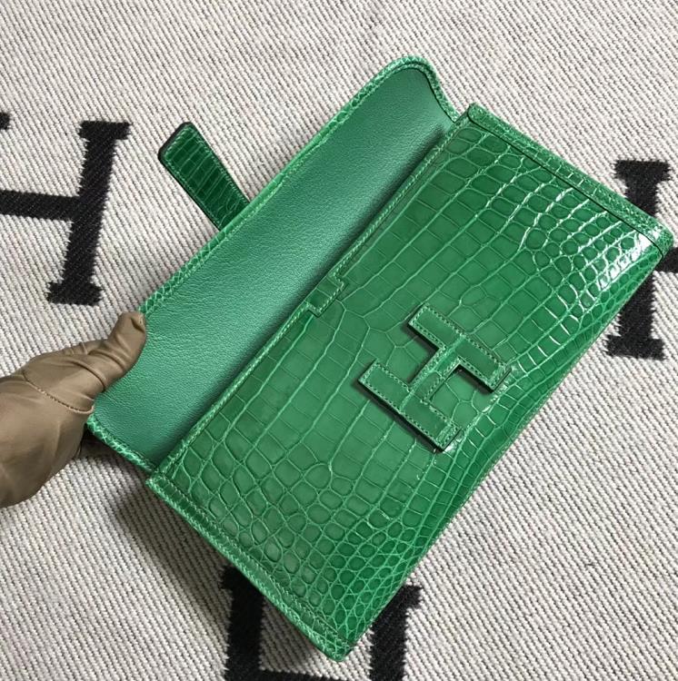 Stock Wholesale Hermes Shiny Crocodile Jige Wallet Clutch Bag in Vert Cacti