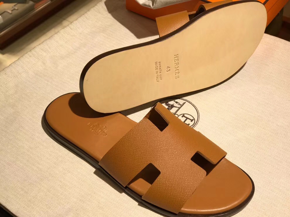 Wholesale Hermes Epsom Calf Leather Men&#8217;s Classic Sandals Shoes in Gold