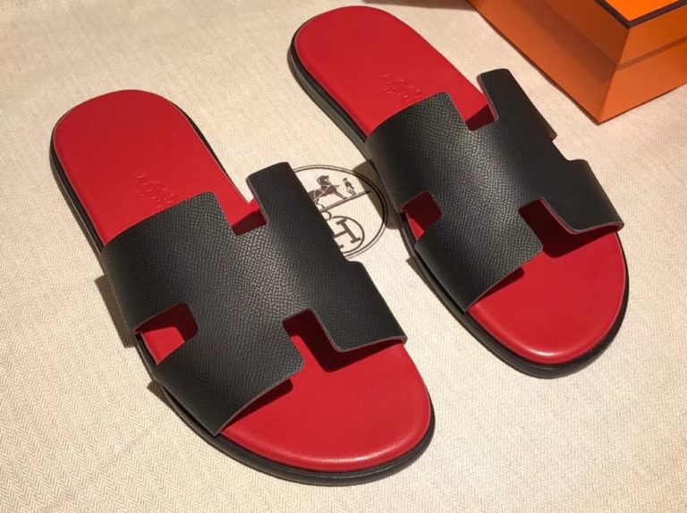 Hermes Red & Black Epsom Calf Mens Classic Sandals Shoes39-44