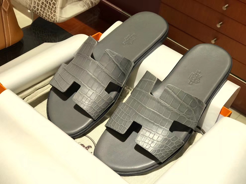 Sale Hermes Crocodile Leather Men&#8217;s Sandals Shoes in Iron Grey Size39-44