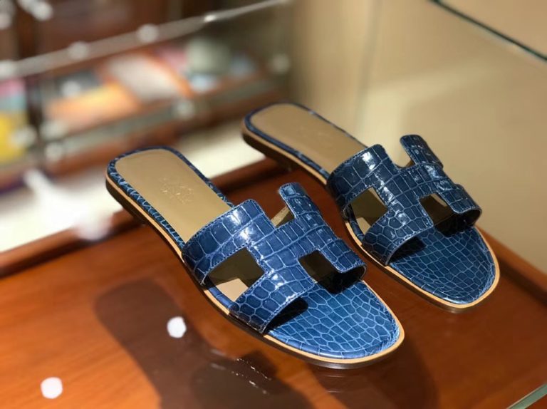 Hermes Blue Prussia Crocodile Leather Womens Sandals Shoes Size 35-41