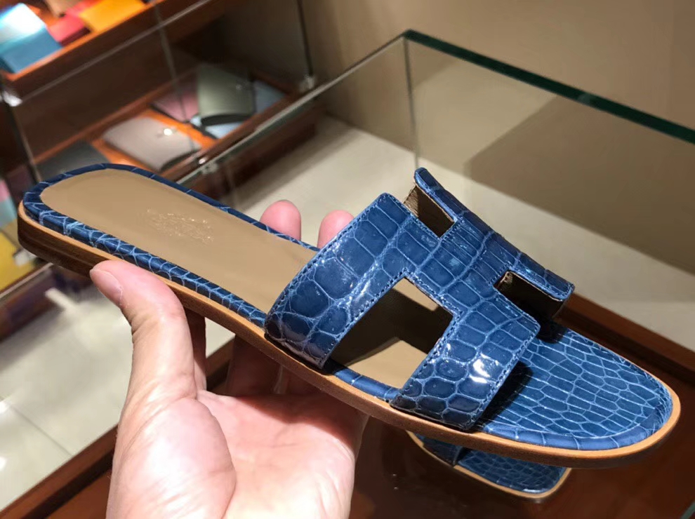 Luxury Hermes Blue Prussia Crocodile Leather Women&#8217;s Sandals Shoes Size35-41