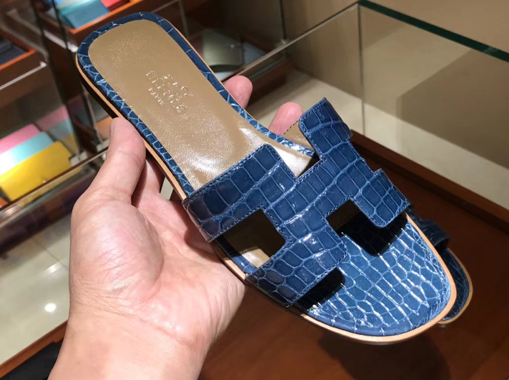 Luxury Hermes Blue Prussia Crocodile Leather Women&#8217;s Sandals Shoes Size35-41