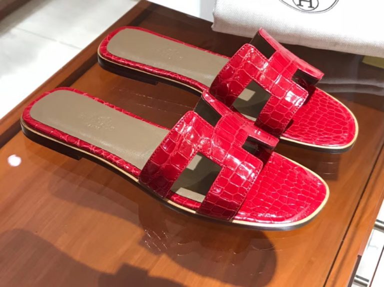 Hermes Shiny Crocodile Womens Flat Sandals in Braise Size 35-41