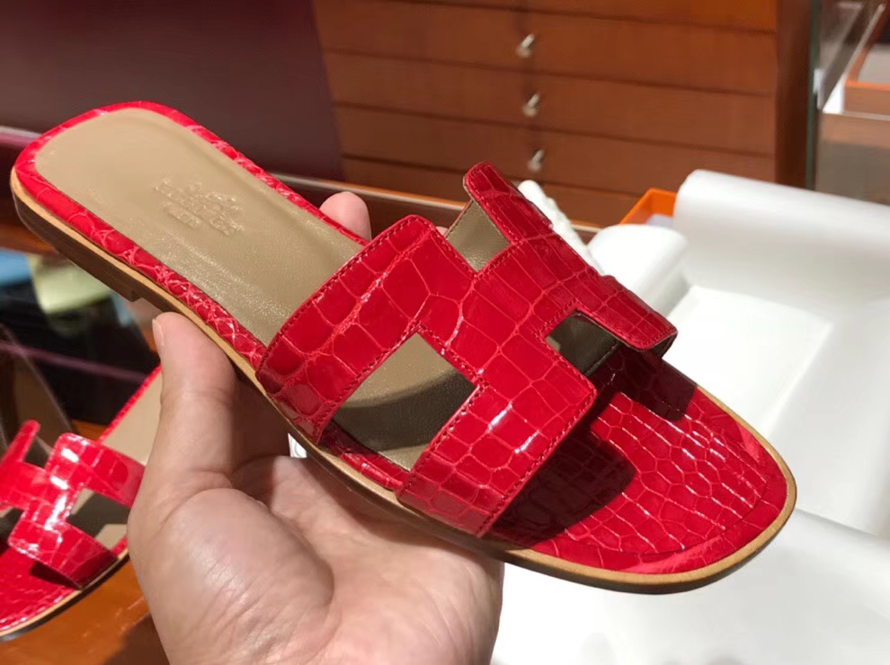 Pretty Hermes Shiny Crocodile Women&#8217;s Flat Sandals in Braise Size35-41