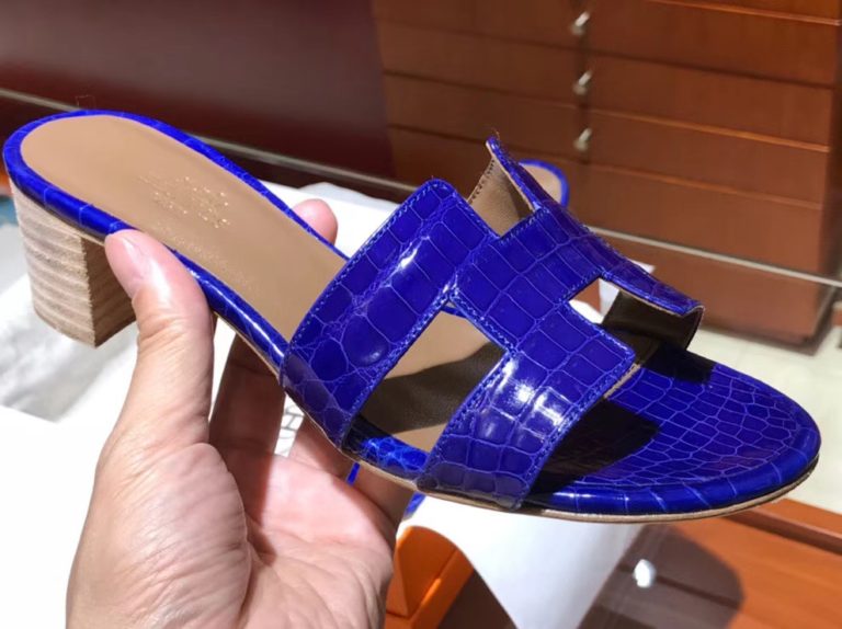 Hermes Shiny Crocodile Middle Heel Womens Sandals in Blue Electric  35-41