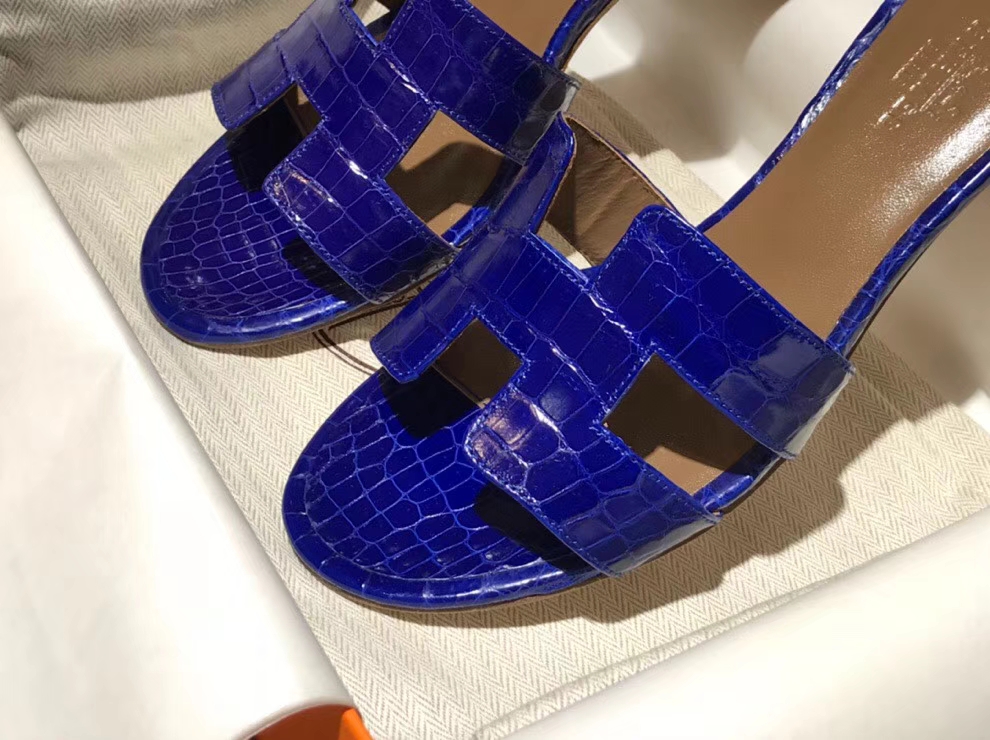 Luxury Hermes Shiny Crocodile Middle Heel Women&#8217;s Sandals in Blue Electric 35-41