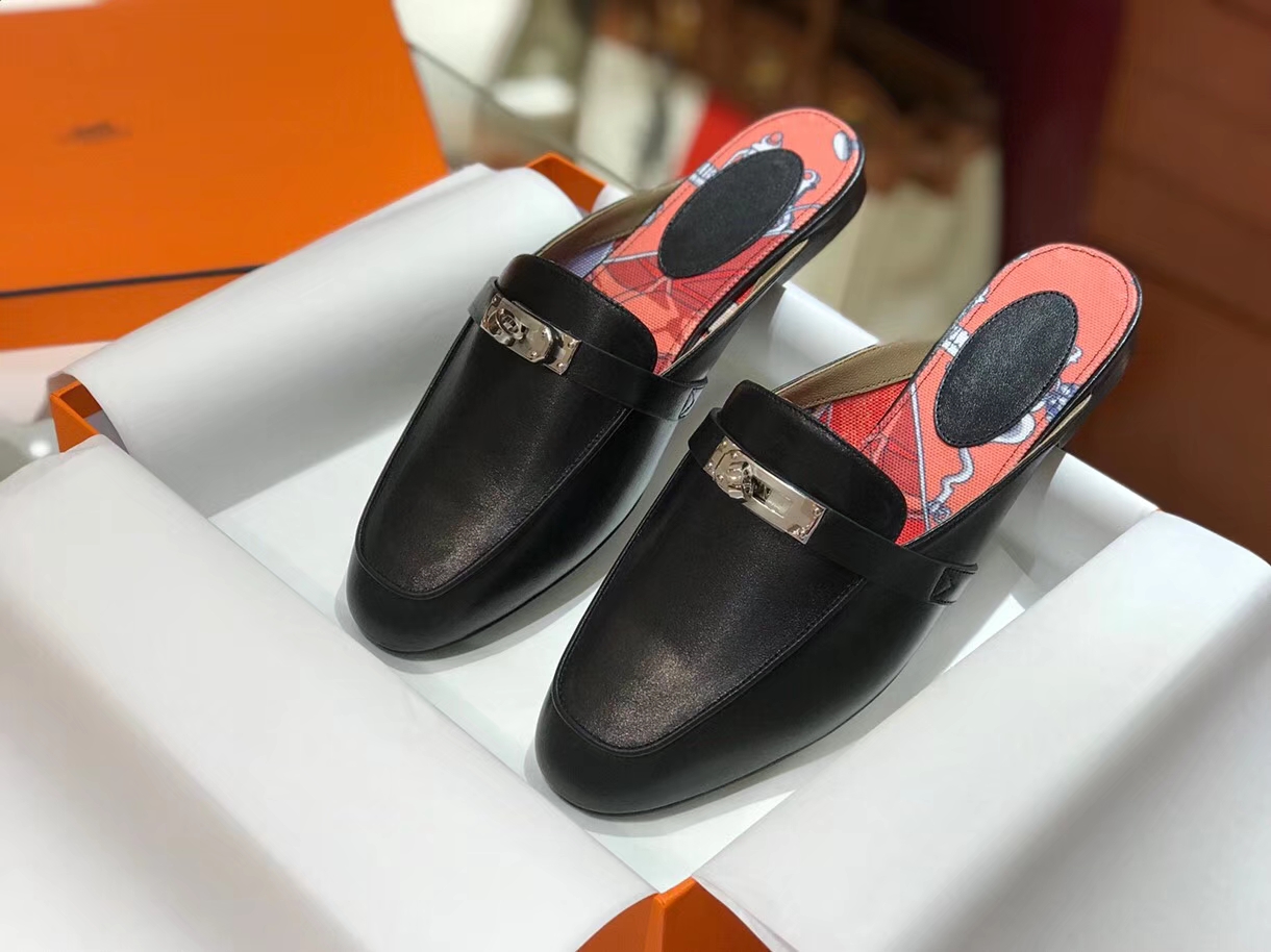 2018 Autumn New Hermes Mini Kelly Buckle Kell Style Black Flat Shoes 35-41