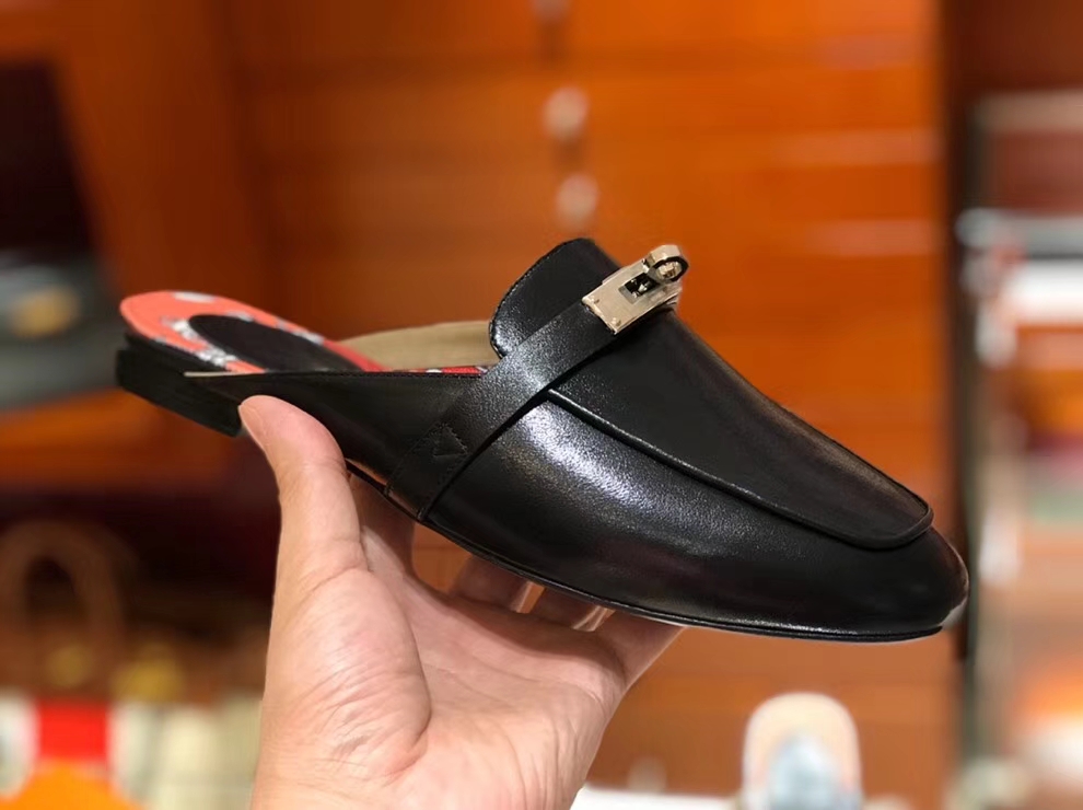 2018 Autumn New Hermes Mini Kelly Buckle Kell Style Black Flat Shoes 35-41