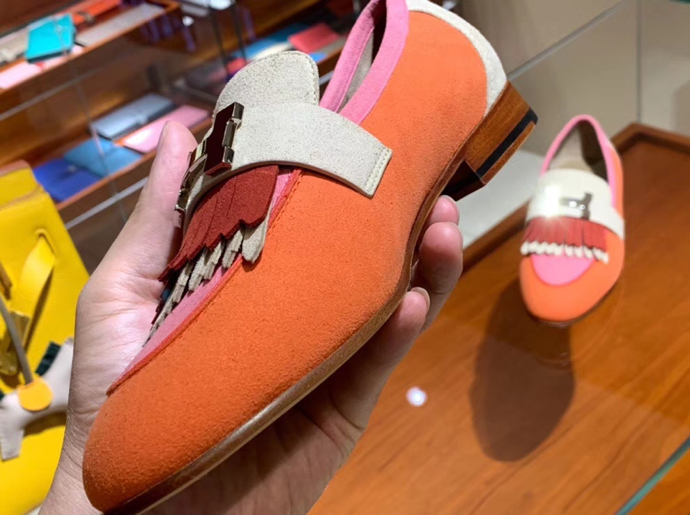 Fashion Hermes Multicolor Suede Leather Fringe Flat Women&#8217;s Shoes35-41