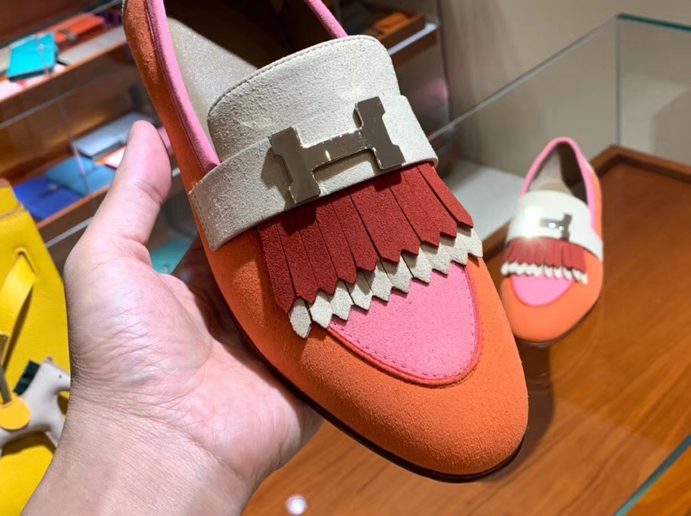 Fashion Hermes Multicolor Suede Leather Fringe Flat Women&#8217;s Shoes35-41