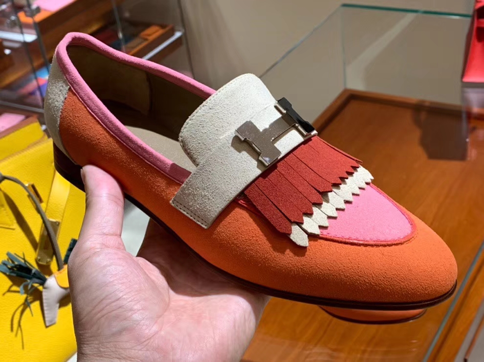 Fashion Hermes Multicolor Suede Leather Fringe Flat Women&#8217;s Shoes35-41
