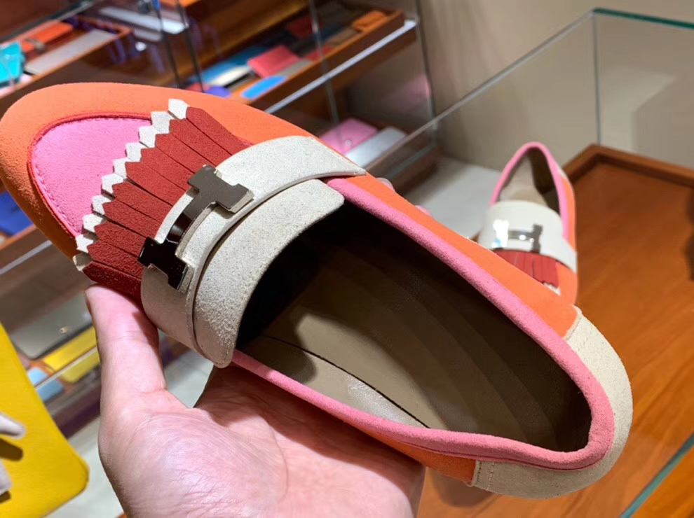 Fashion Hermes Multicolor Suede Leather Fringe Flat Women’s Shoes35-41