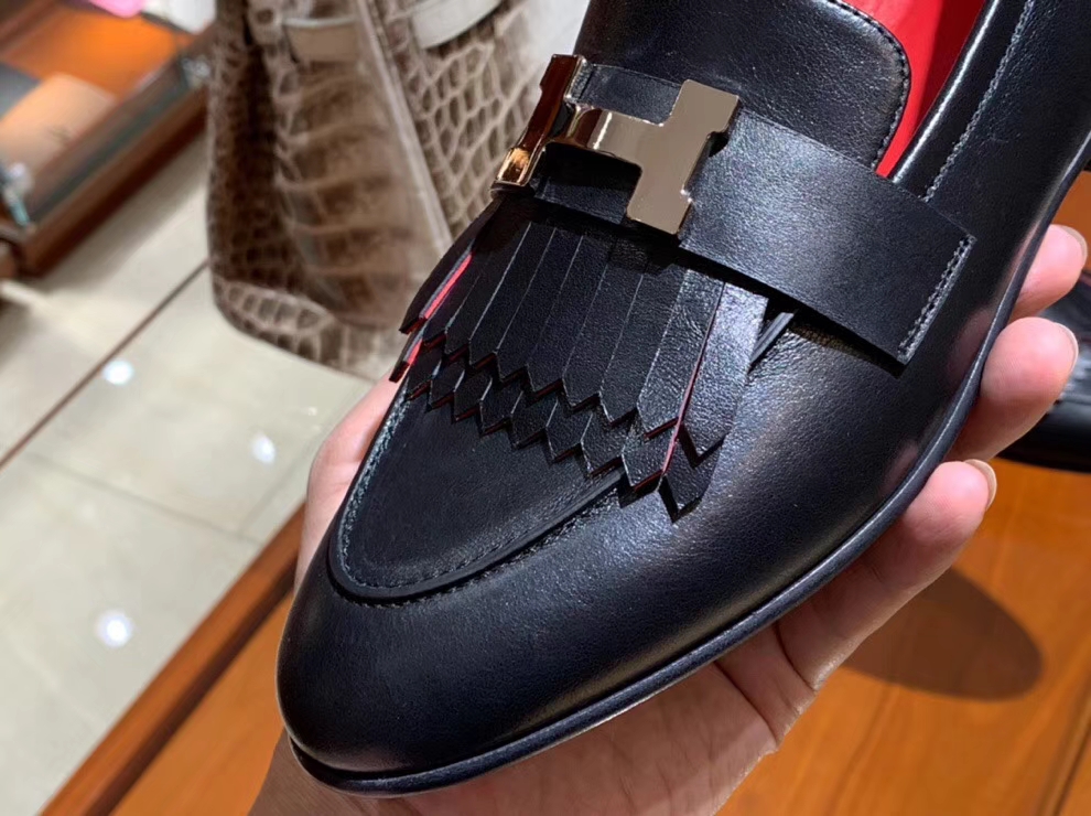 Discount Hermes Black Chevre Leather H Hardware Fringe Flat Shoes35-41