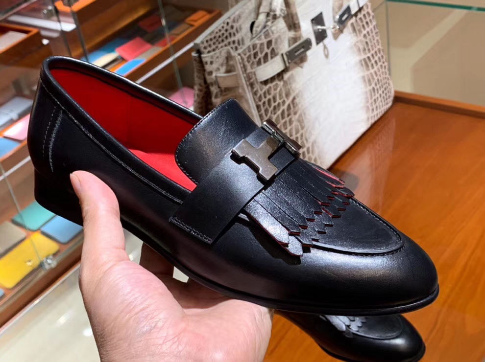 Discount Hermes Black Chevre Leather H Hardware Fringe Flat Shoes35-41