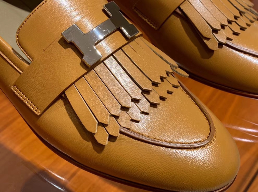 Elegant Hermes Gold Chevre Leather New Fringe Women&#8217;s Flat Shoes35-41