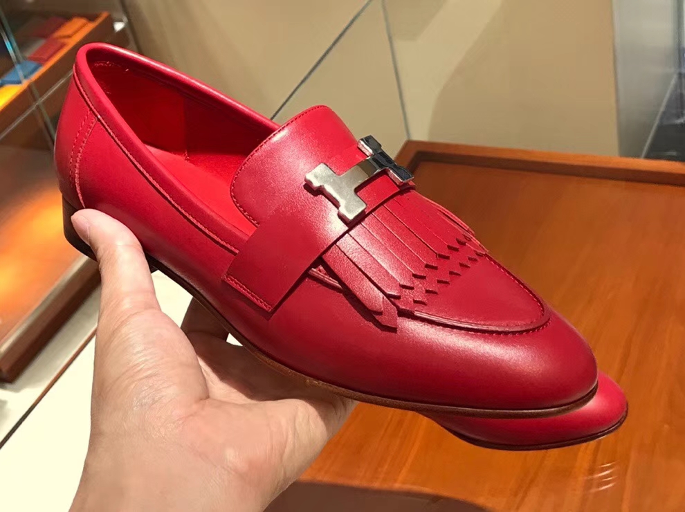 Pretty Hermes Autumn New Chevre Leather Fringe Shoes in Rouge Casaque35-41