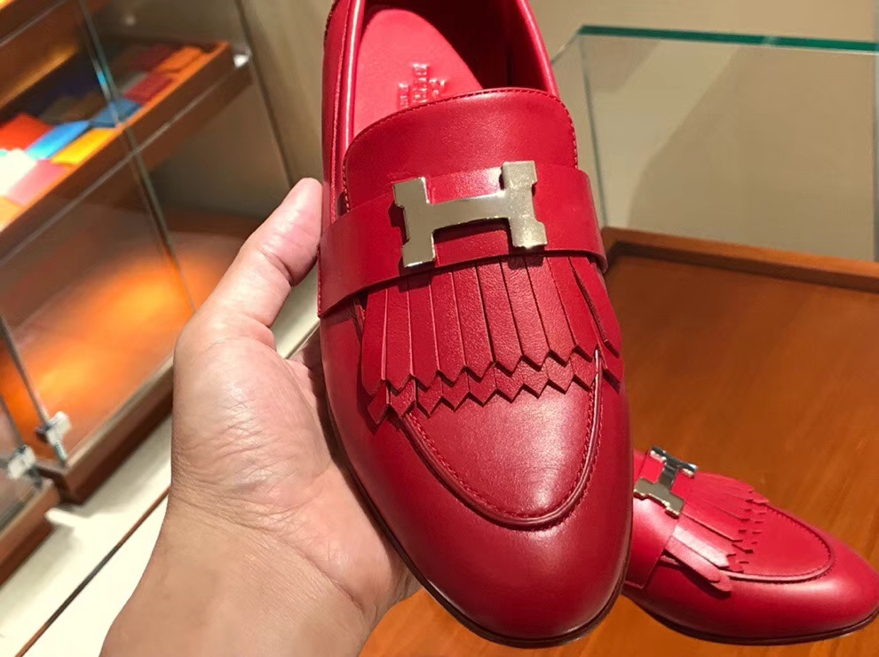 Pretty Hermes Autumn New Chevre Leather Fringe Shoes in Rouge Casaque35-41
