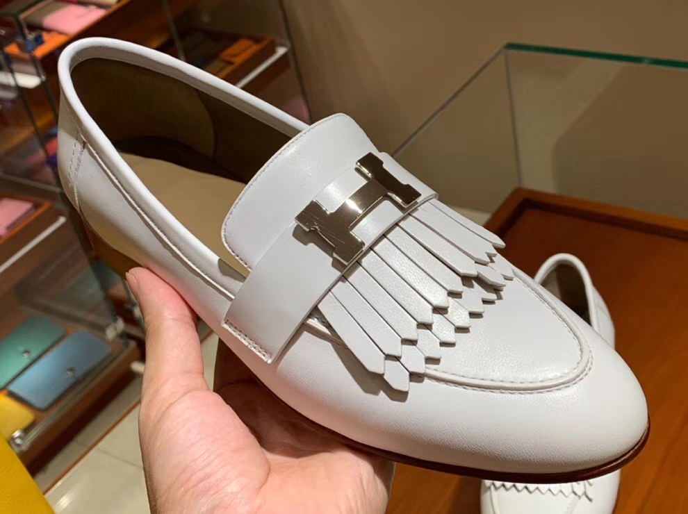 Wholesale Hermes White Chevre Leather H Hardware Fringe Flat Shoes35-41