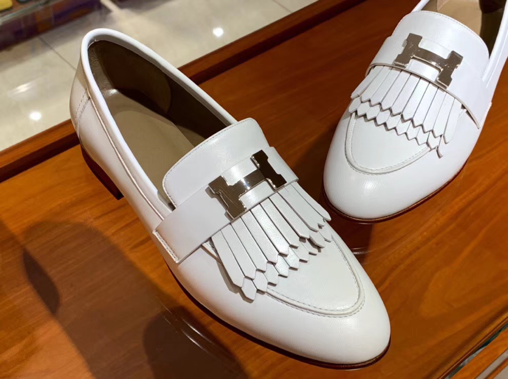 Wholesale Hermes White Chevre Leather H Hardware Fringe Flat Shoes35-41