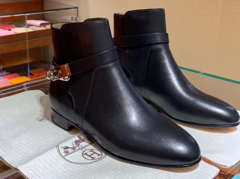 Hermes Black Chevre Leather Autumn Womens Neo Short Boots Shoes  35-41