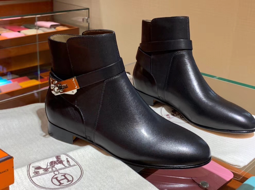 Wholesale Hermes Black Chevre Leather Autumn New Women&#8217;s Neo Short Boots Shoes 35-41