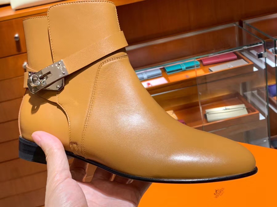 Fashion Hermes Short Boots 2018 Autumn New Gold Chevre Leather Neo Boots Shoes 35-41