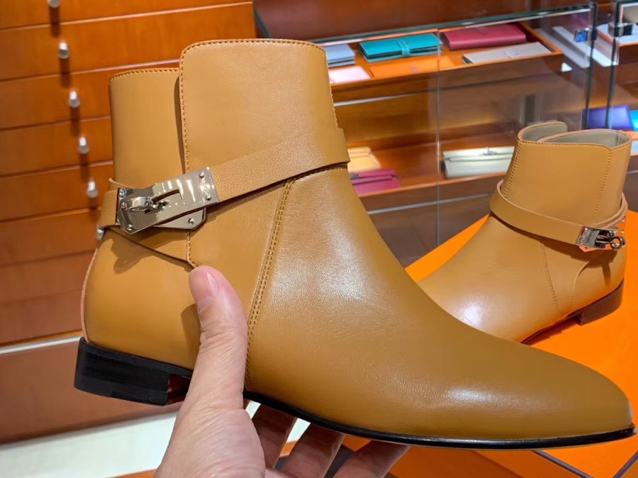 Fashion Hermes Short Boots 2018 Autumn New Gold Chevre Leather Neo Boots Shoes 35-41