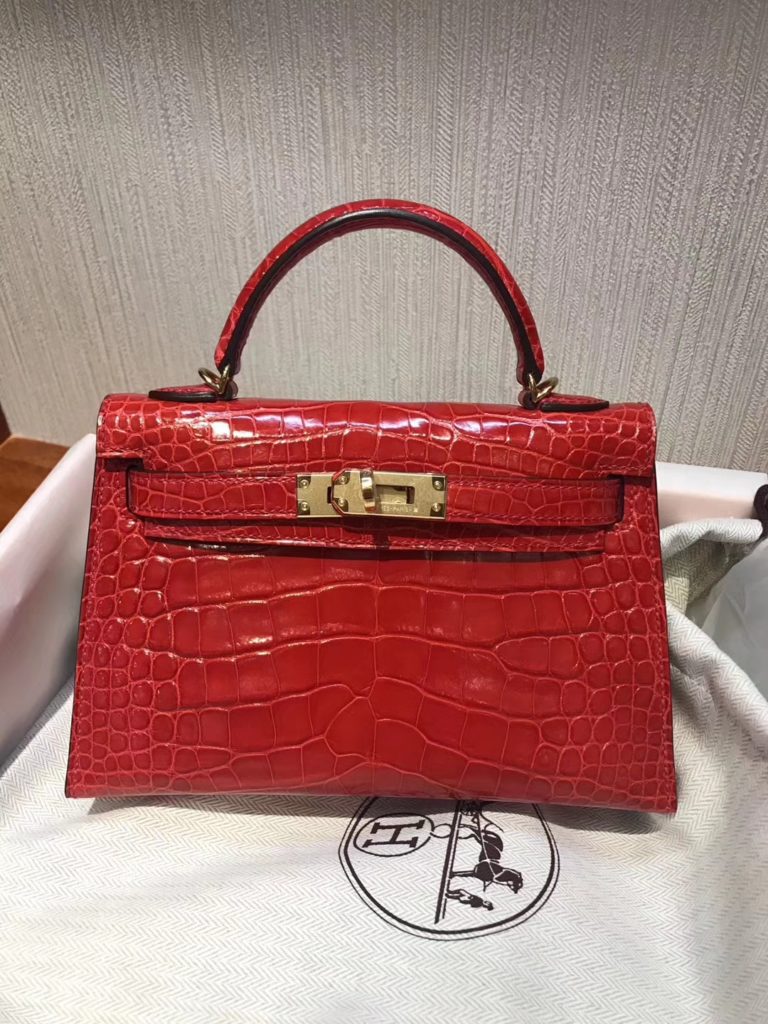 Hermes CK95 Braise Red Shiny Crocodile Leather Minikelly-2 Clutch Bag