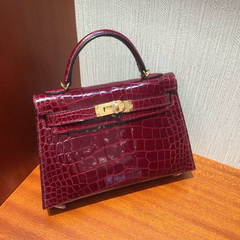 Hermes Shiny Crocodile Minikelly-2 Evening Bag in F5 Bourgogne Red