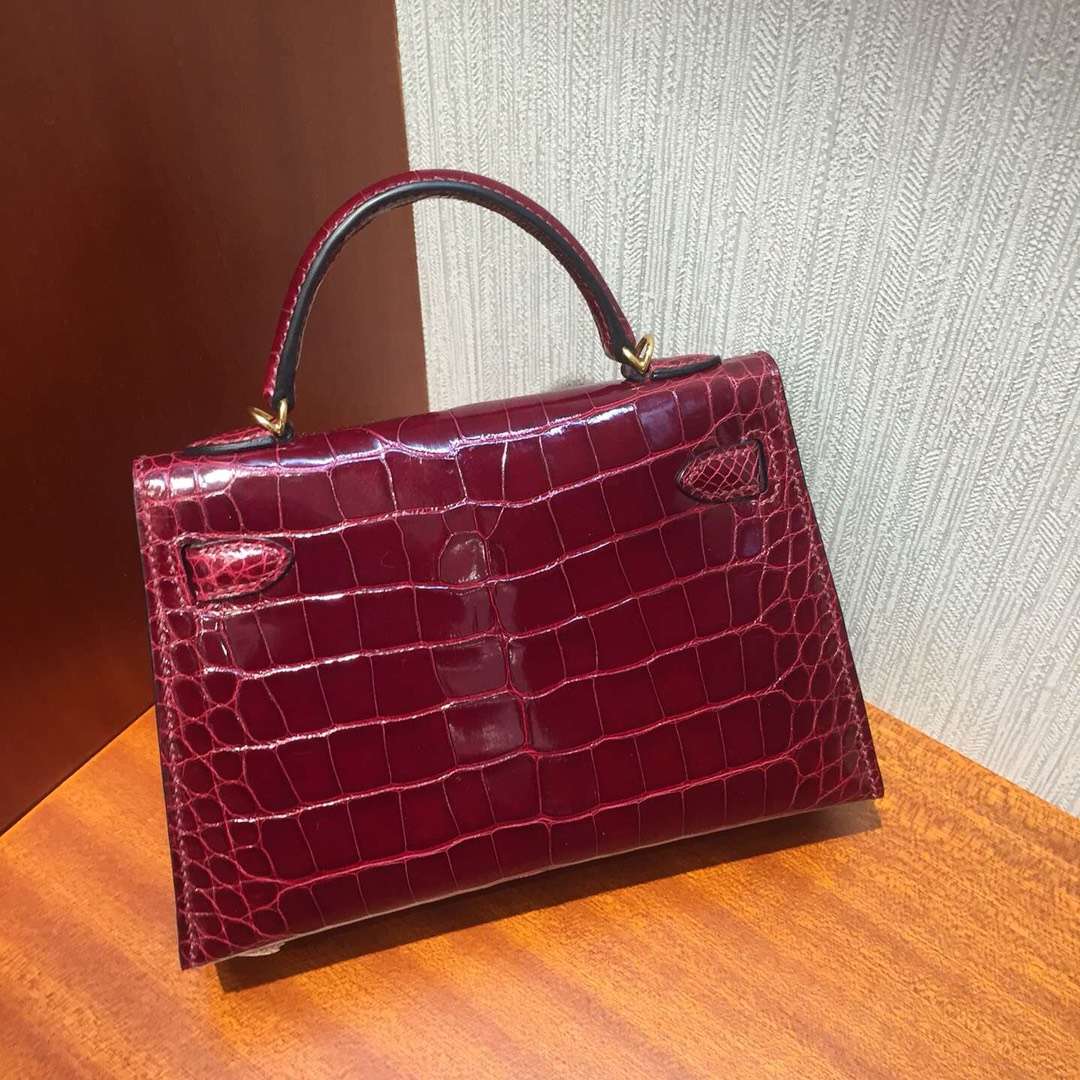 Sale Hermes Shiny Crocodile Minikelly-2 Evening Bag in F5 Bourgogne Red