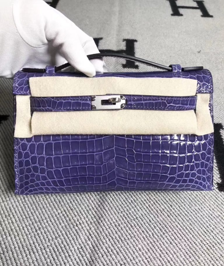 Hermes Light Purple Shiny Crocodile Minikelly Clutch Bag 22CM Silver Hardware