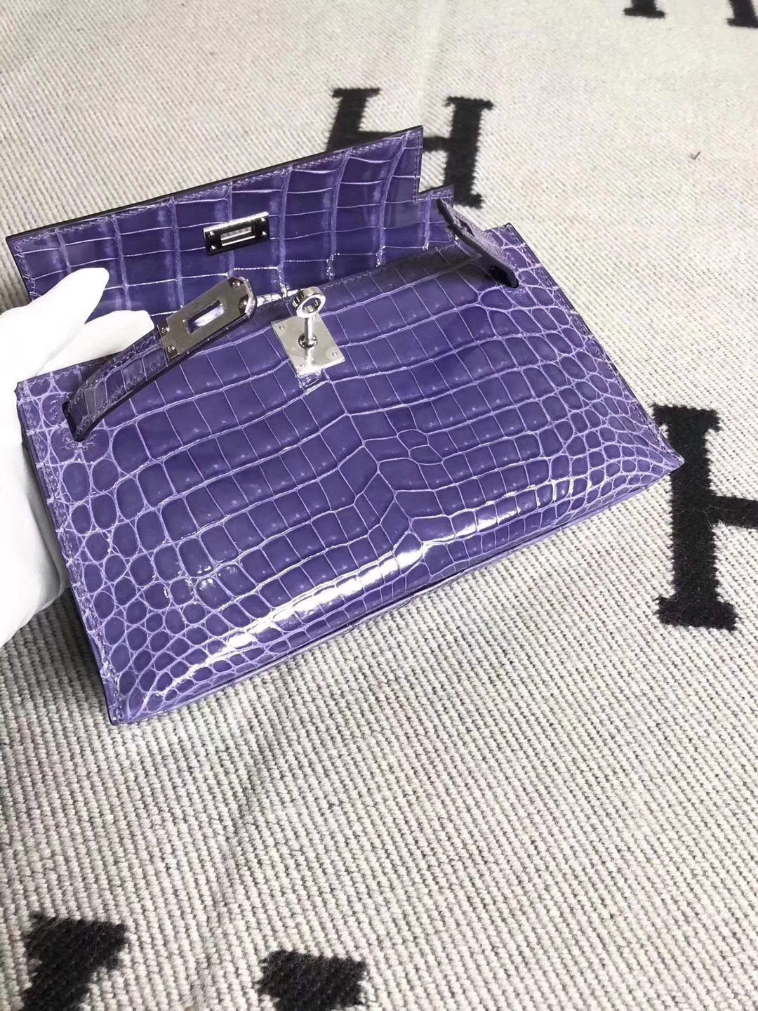 Discount Hermes Light Purple Shiny Crocodile Minikelly Clutch Bag22CM Silver Hardware