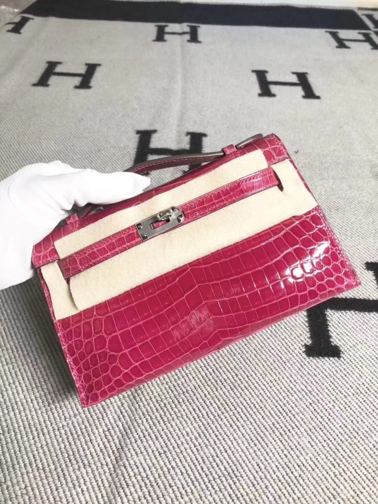 Hermes Peach Pink Shiny Crocodile Leather Minikelly Evening Clutch Bag 22cm