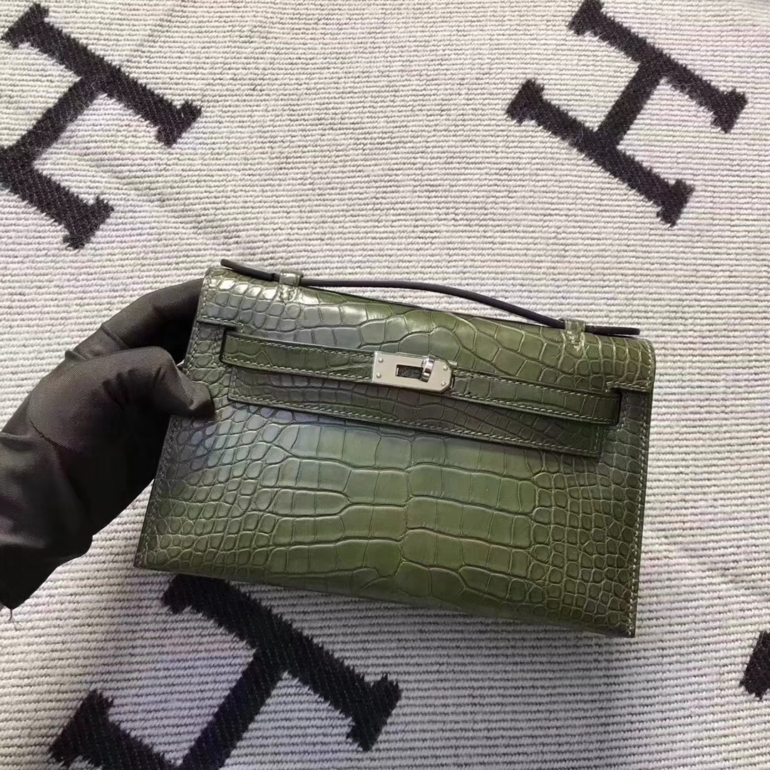 Noble Hermes Green Crocodile Matt Leather Minikelly Evening Clutch Bag22CM