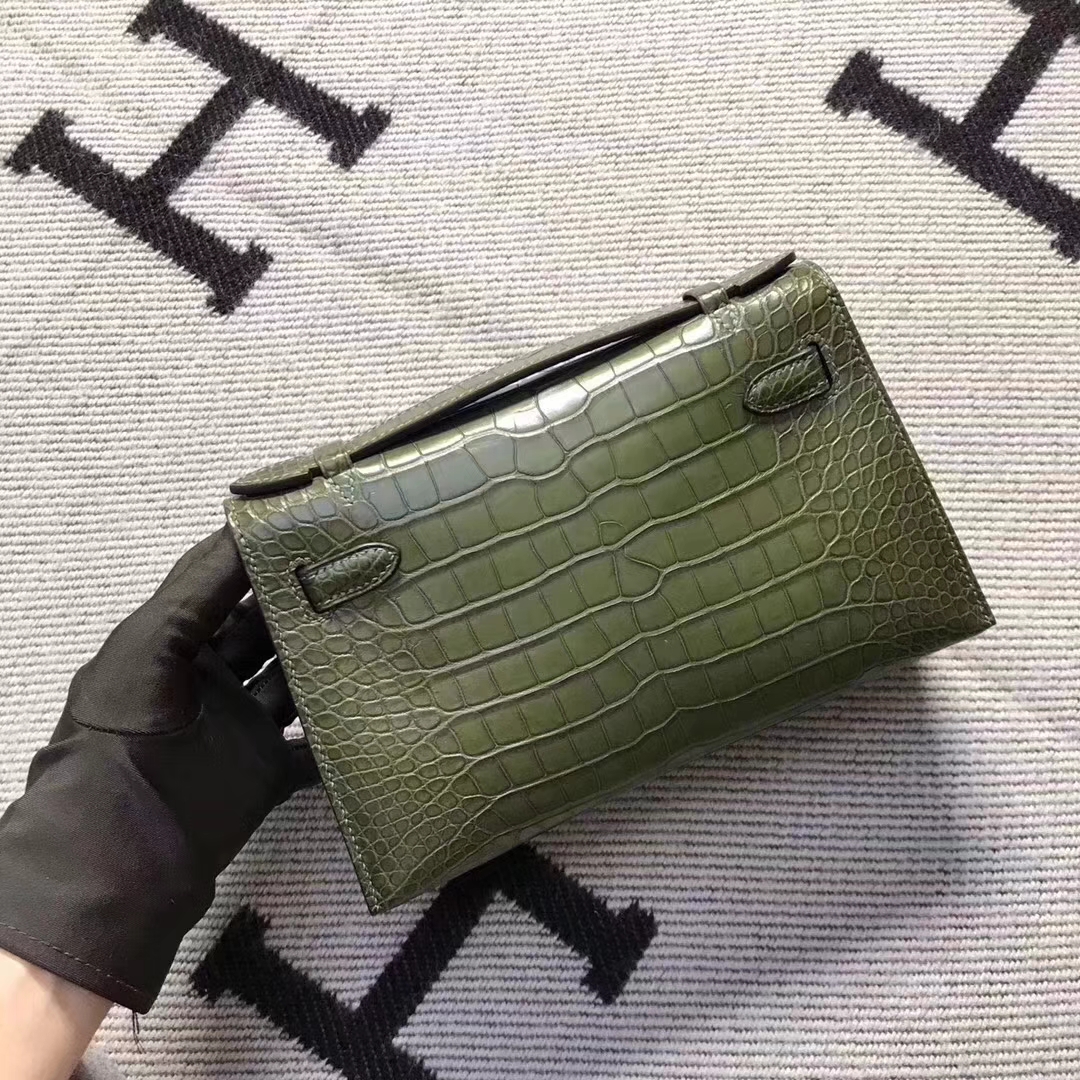 Noble Hermes Green Crocodile Matt Leather Minikelly Evening Clutch Bag22CM