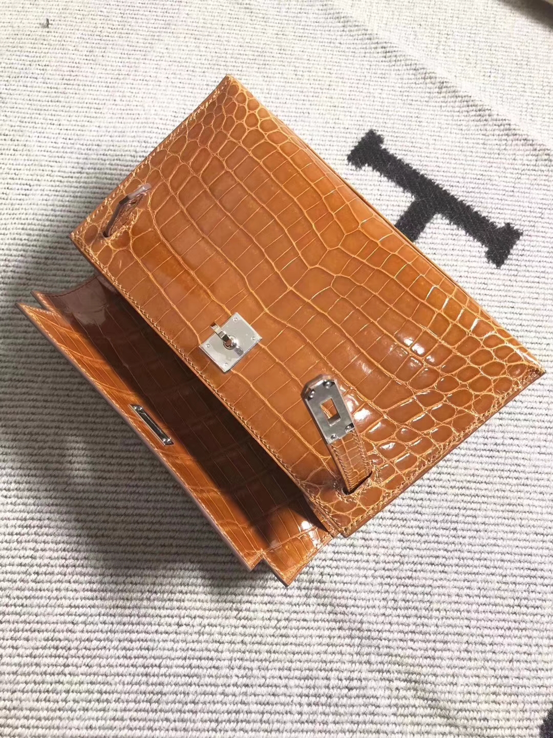 Luxury Hermes Shiny Crocodile Leather Minikelly Pochette Clutch Bag22CM in Orange