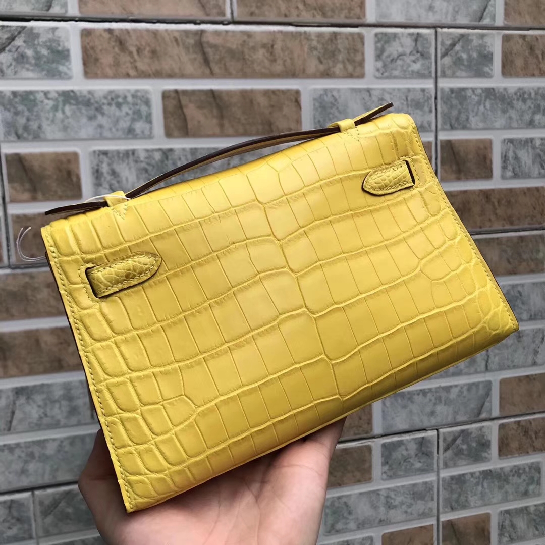 Wholesale Hermes Crocodile Matt Leather Minikelly Clutch Bag22CM in 9R Lemon Yellow