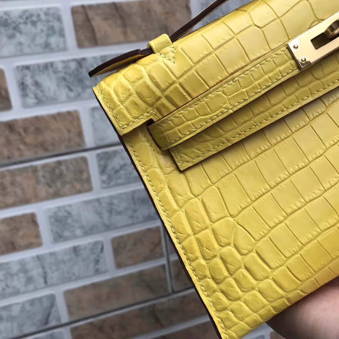 Wholesale Hermes Crocodile Matt Leather Minikelly Clutch Bag22CM in 9R Lemon Yellow