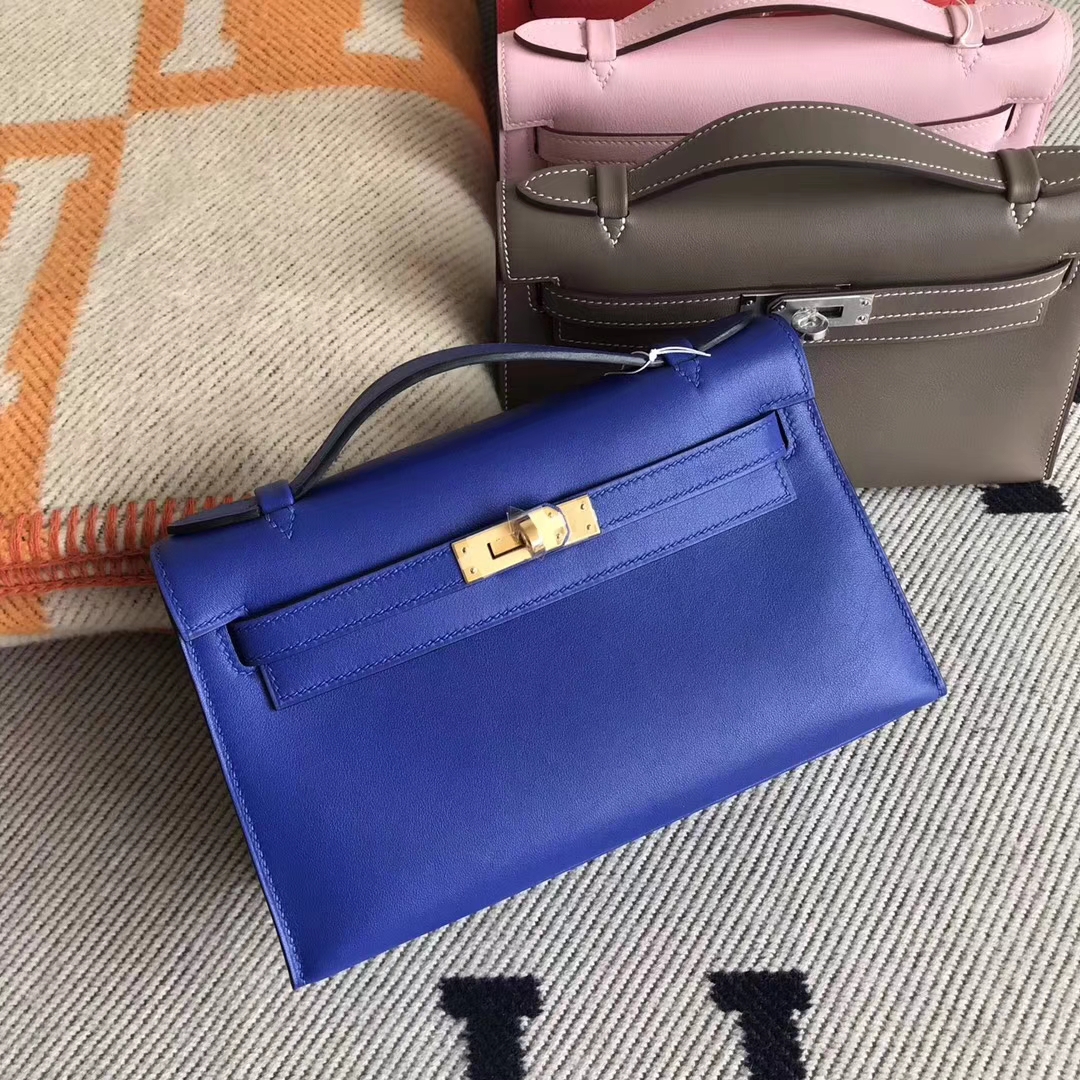 Fashion Hermes 7T Blue Electric Swift Calfskin Minikelly Evening Clutch Bag