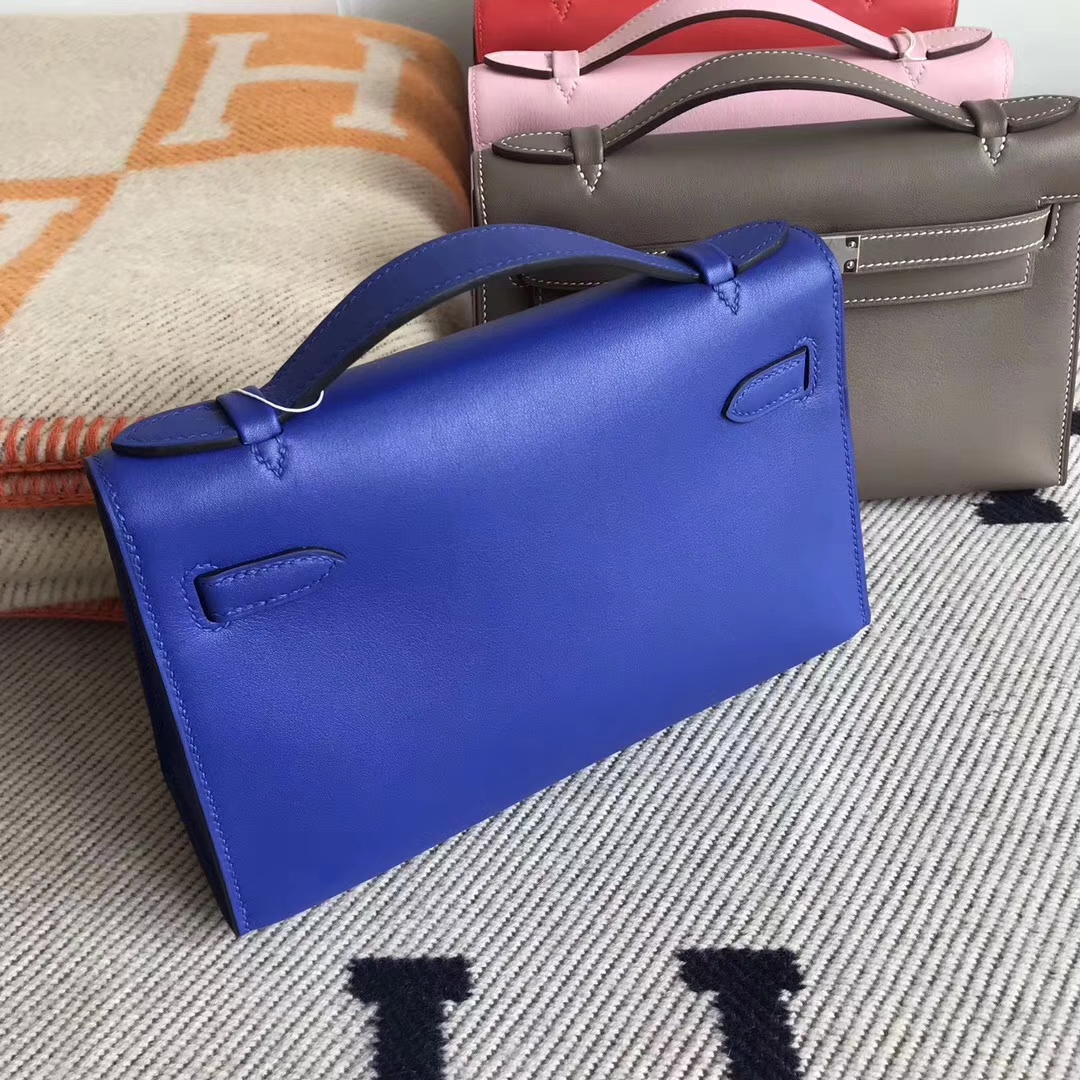 Fashion Hermes 7T Blue Electric Swift Calfskin Minikelly Evening Clutch Bag