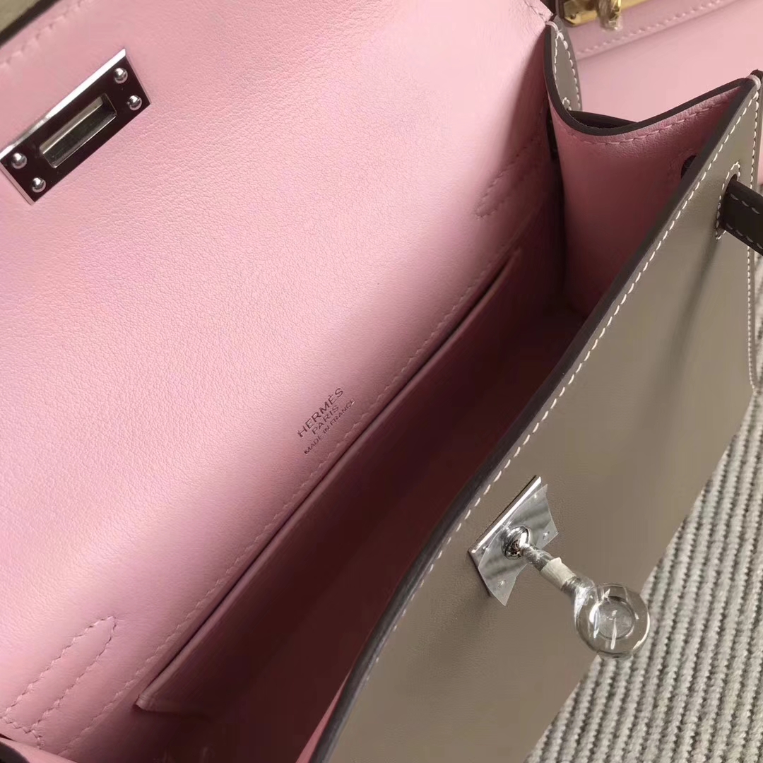 Luxury Hermes C18 Etoupe Grey &#038; 3Q New Pink Swift Calfskin Minikelly Bag22CM