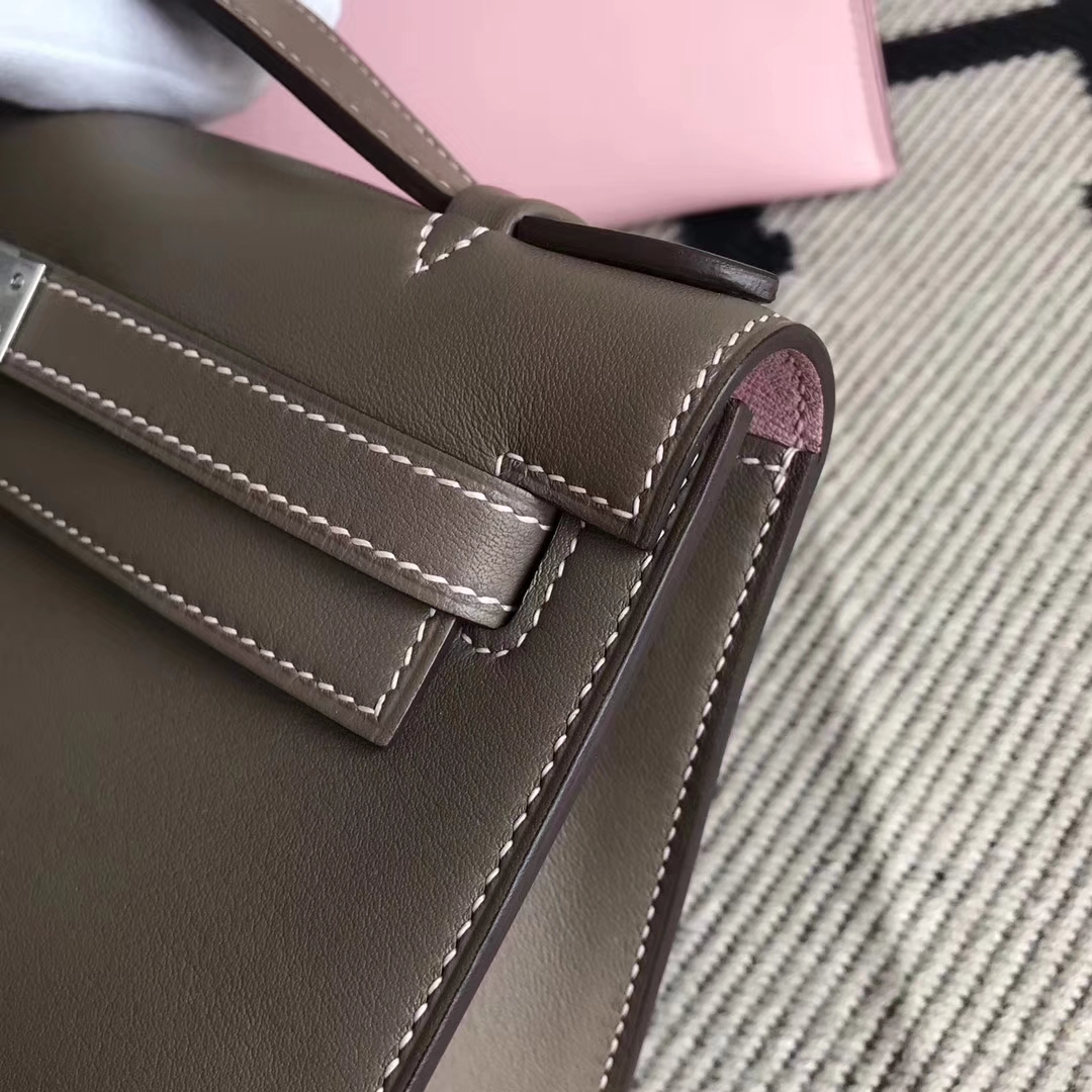 Luxury Hermes C18 Etoupe Grey &#038; 3Q New Pink Swift Calfskin Minikelly Bag22CM