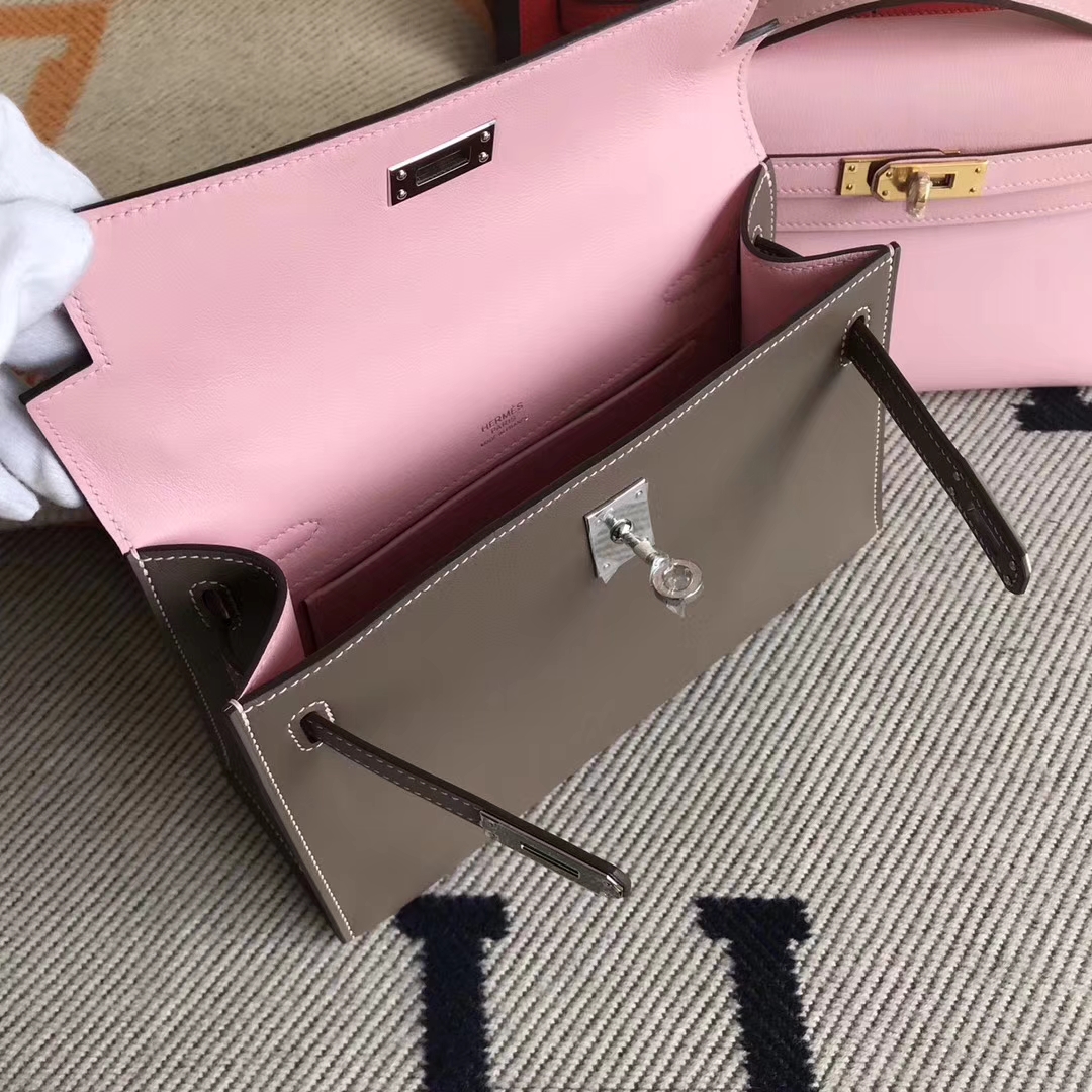 Luxury Hermes C18 Etoupe Grey & 3Q New Pink Swift Calfskin Minikelly Bag22CM