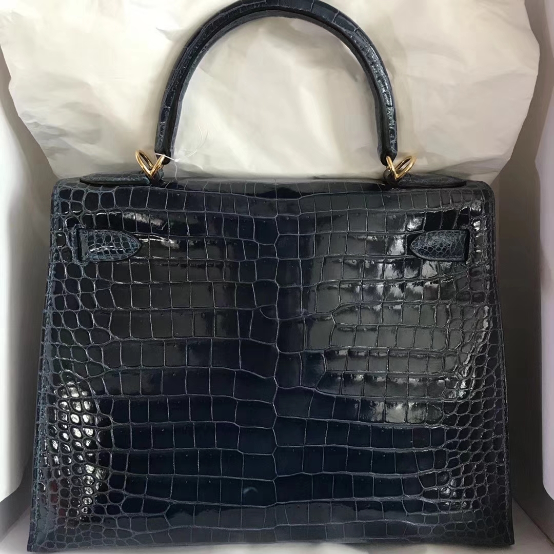 Noble Hermes Shiny Crocodile Leather Kelly28CM Bag in 1P Colvert Gold Hardware