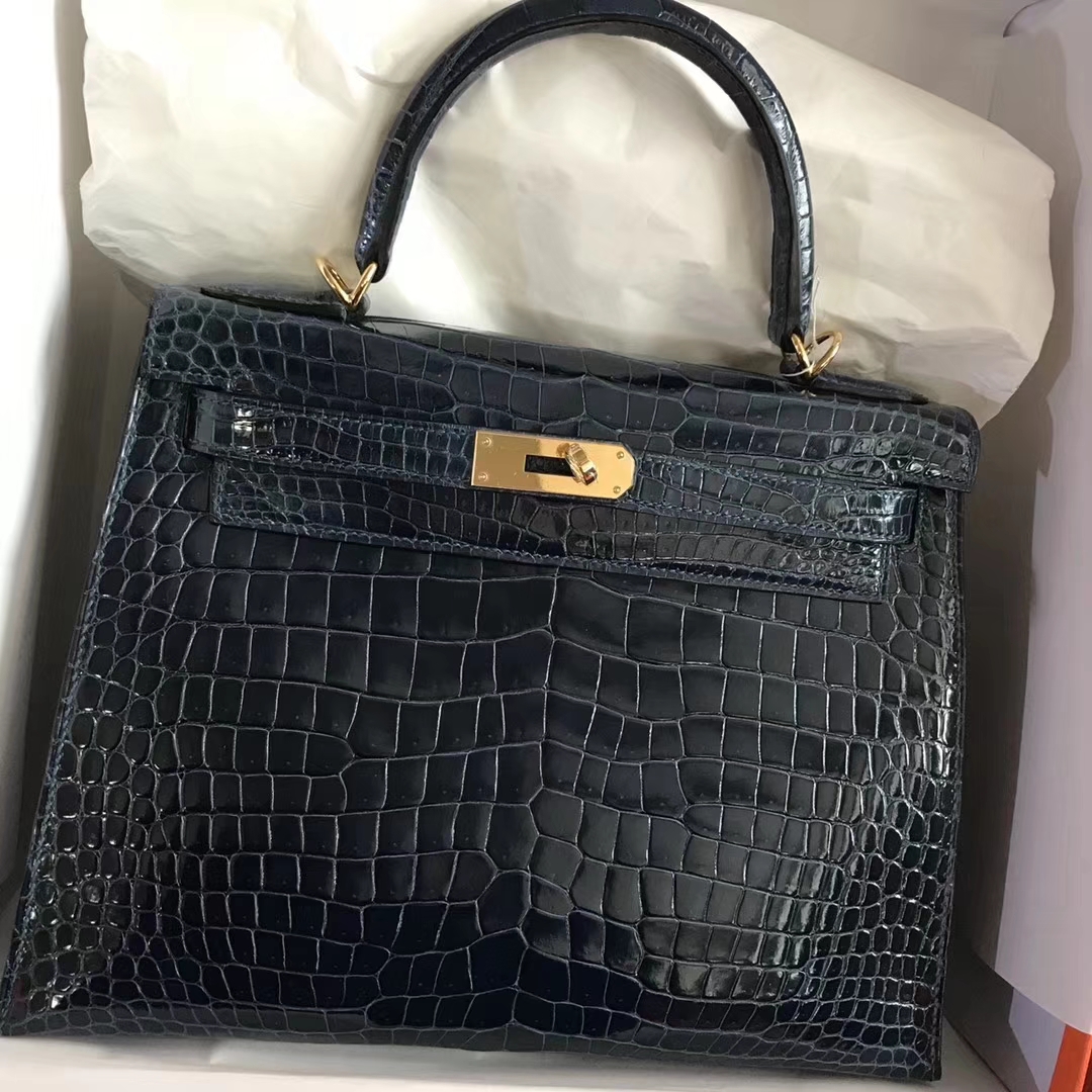 Noble Hermes Shiny Crocodile Leather Kelly28CM Bag in 1P Colvert Gold Hardware