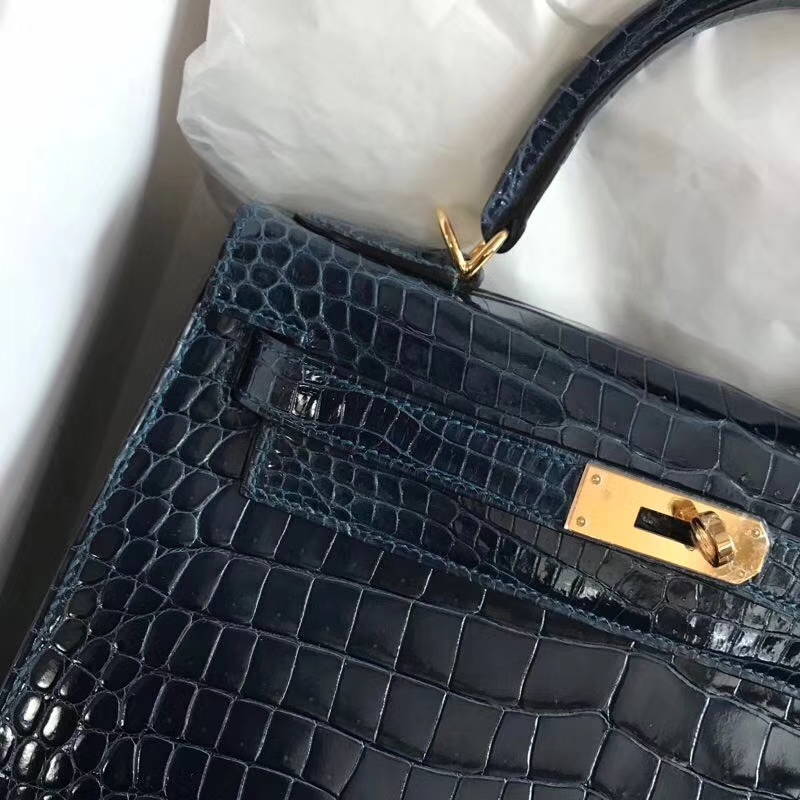 Noble Hermes Shiny Crocodile Leather Kelly28CM Bag in 1P Colvert Gold Hardware