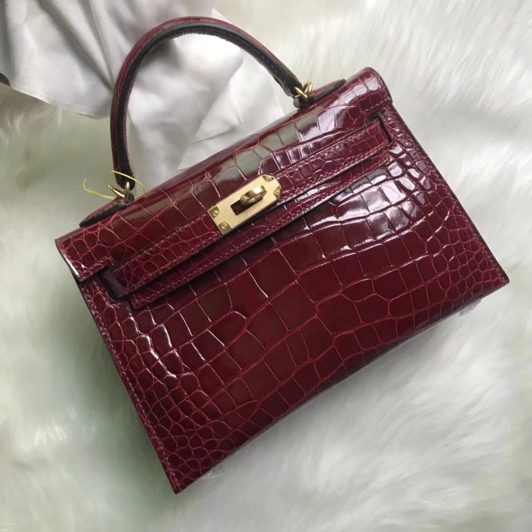 Hermes F5 Bourgogne Red Shiny Crocodile Leather Minikelly-2 Clutch Bag